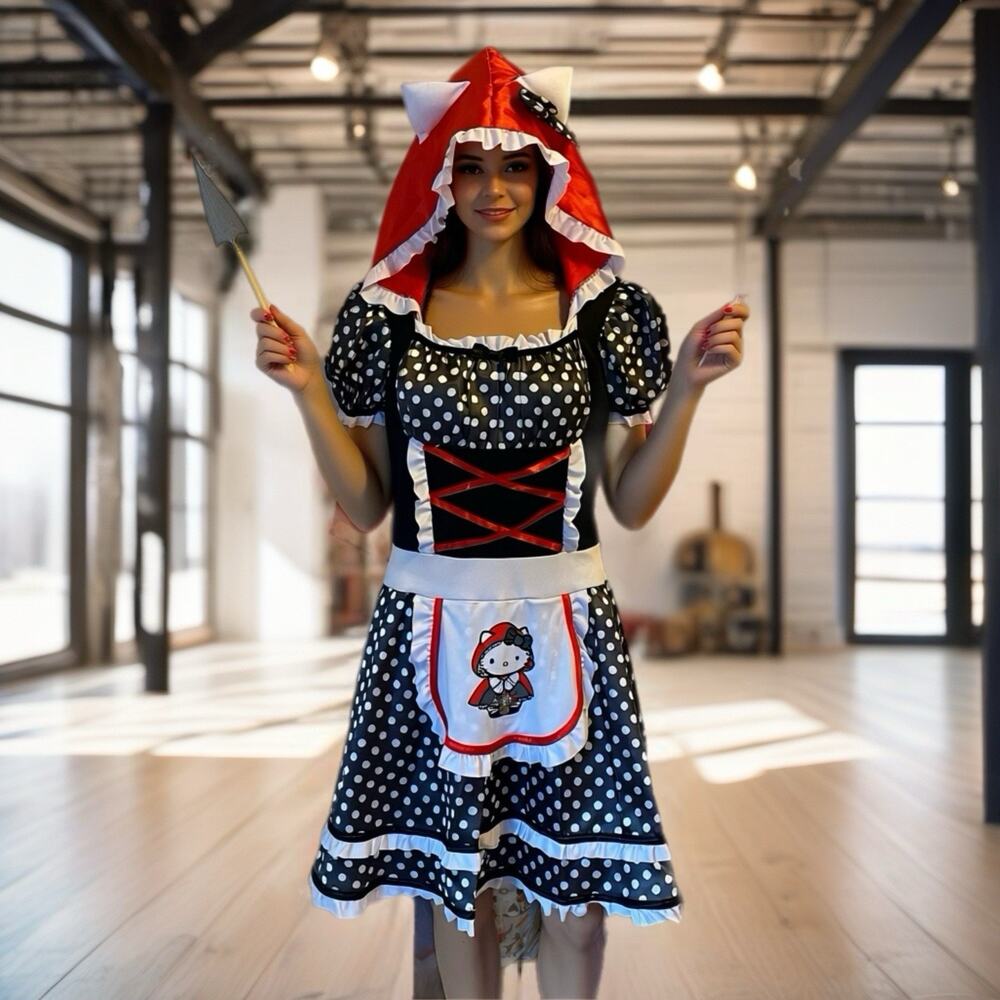 Hello Kitty Y2K BlackRedWhite PolkaDots Corset FitFlare Milkmaid Dress Novelty L